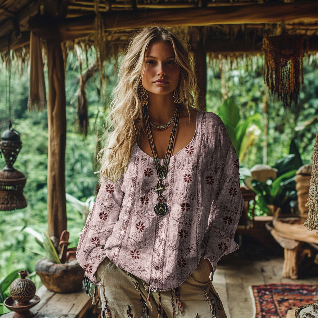 Vintage Tribal Floral Art Cotton Linen Casual Shirt