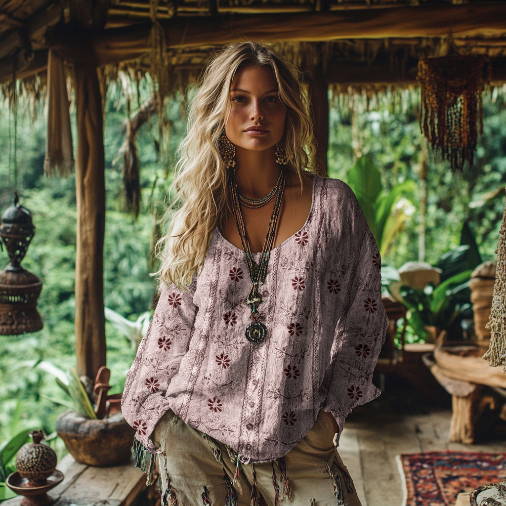 Vintage Tribal Floral Art Cotton Linen Casual Shirt