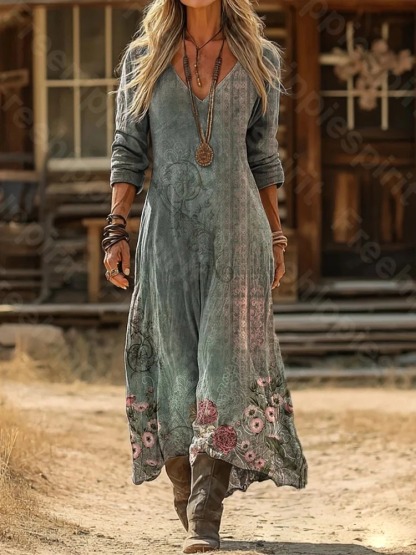 Women's Retro Colorful Floral Art Print Pocket Cotton Dress