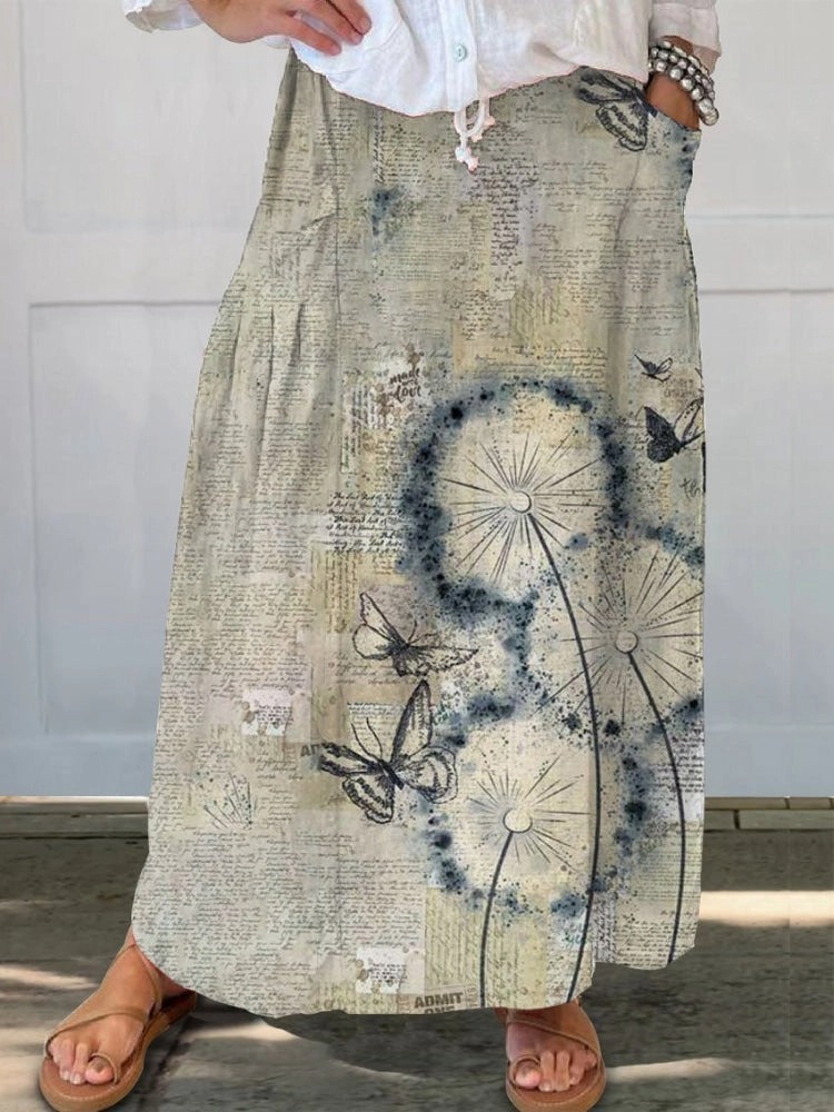 Women's Floral Print Linen Pocket Skirt