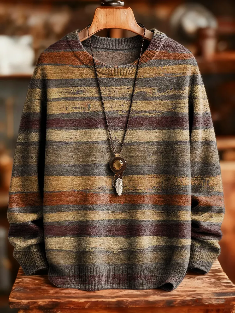 Unisex Retro Ethnic Stripes Art Print Crew Neck Knit Sweater