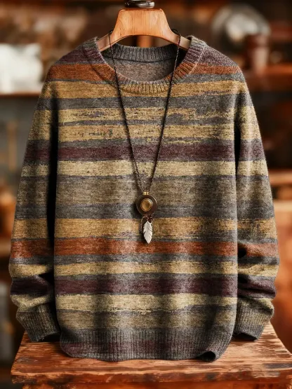 Unisex Retro Ethnic Stripes Art Print Crew Neck Knit Sweater