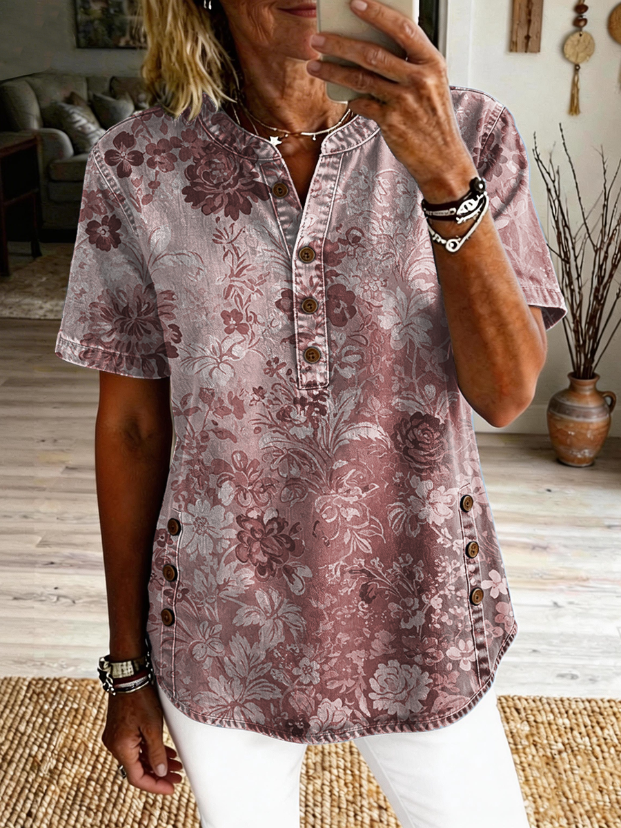 Women's Retro Floral Art Print Casual Short-sleeve Washed Cotton Denim Shirt