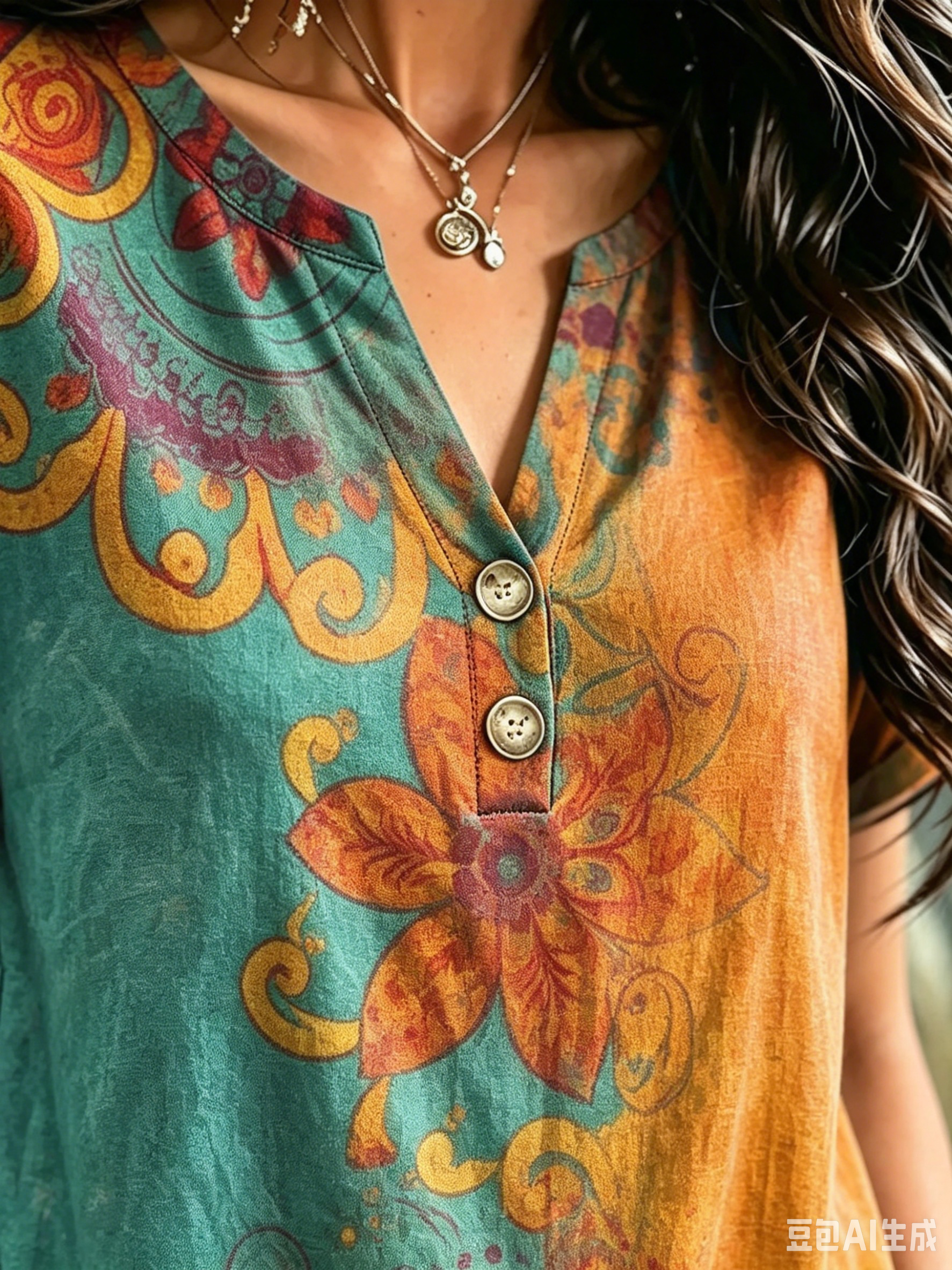 Women's Boho Floral Paisley Print Henley Blouse
