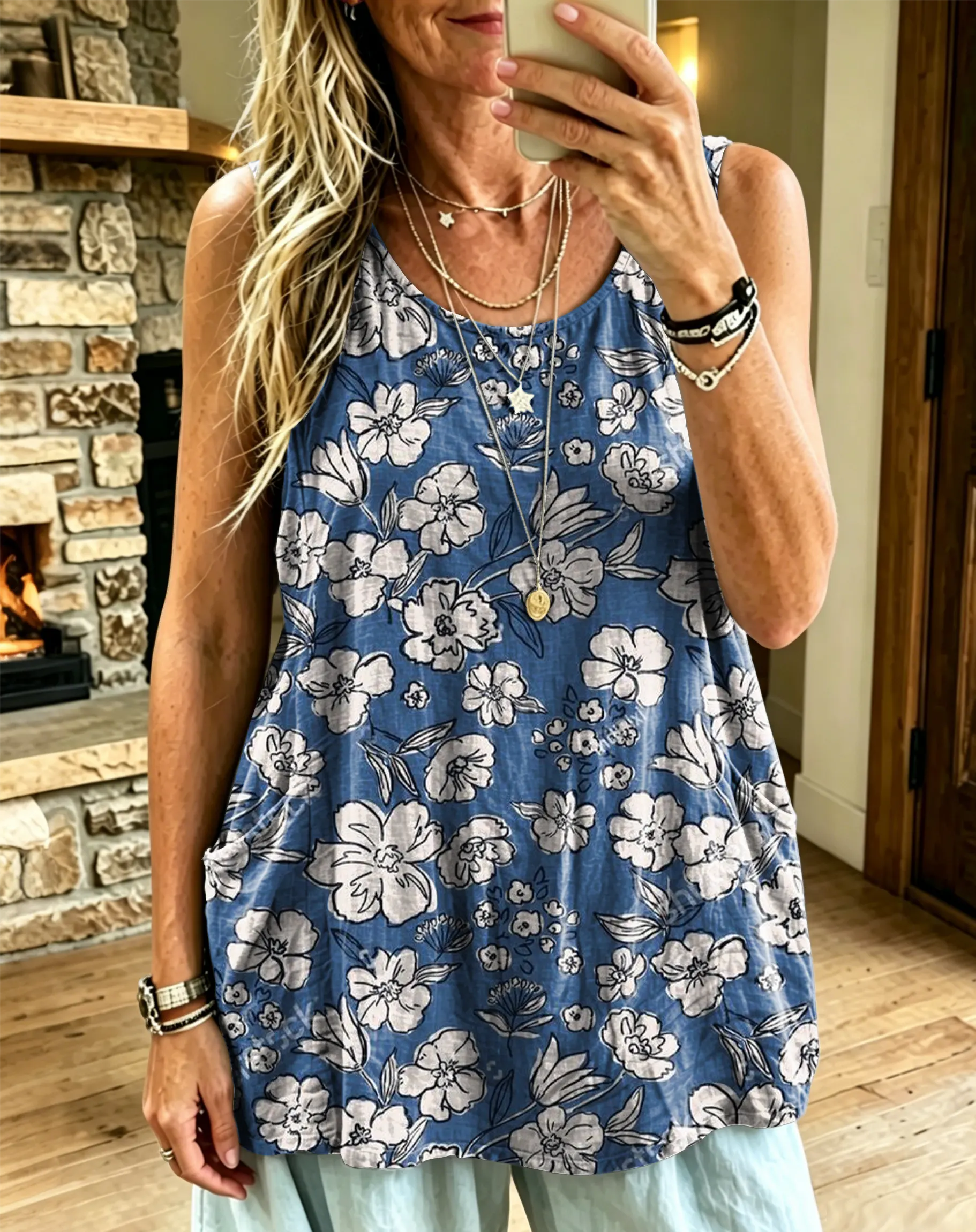Women's Vintage Floral Print Casual Sleeveless Tank Top With Pockets