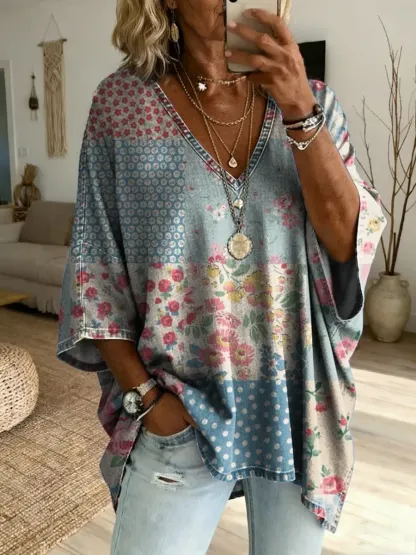 Women's Vintage-Style Spliced ​​Floral Art Print Casual Washed Cotton Denim Top