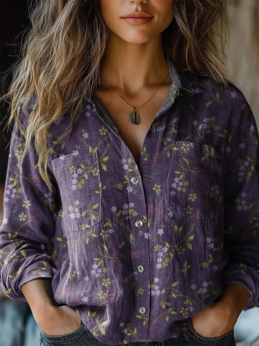 Women's Vintage Gradient Flower Pattern Print Long Sleeve Comfortable Cotton Shirt