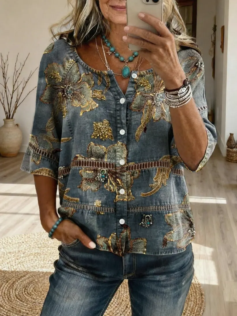 Women's Retro Bohemian Floral Art Print Casual Cutout Top