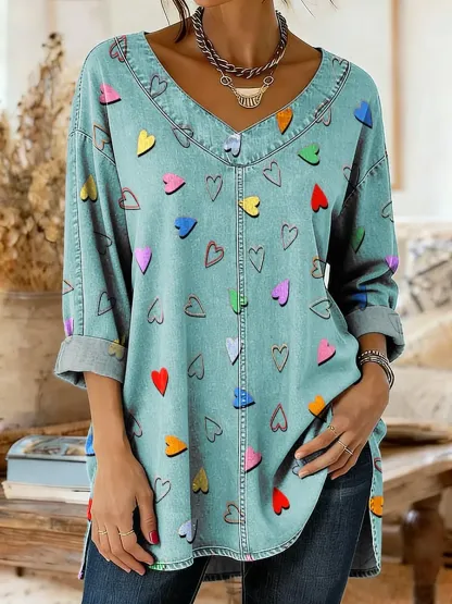 Women's Valentine's Day Heart Shape Art Print Casual Washed Denim Cotton Top