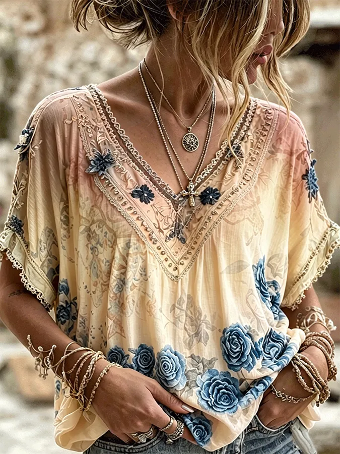 Women's Bohemian Art Floral Print Retro Cotton Linen Top