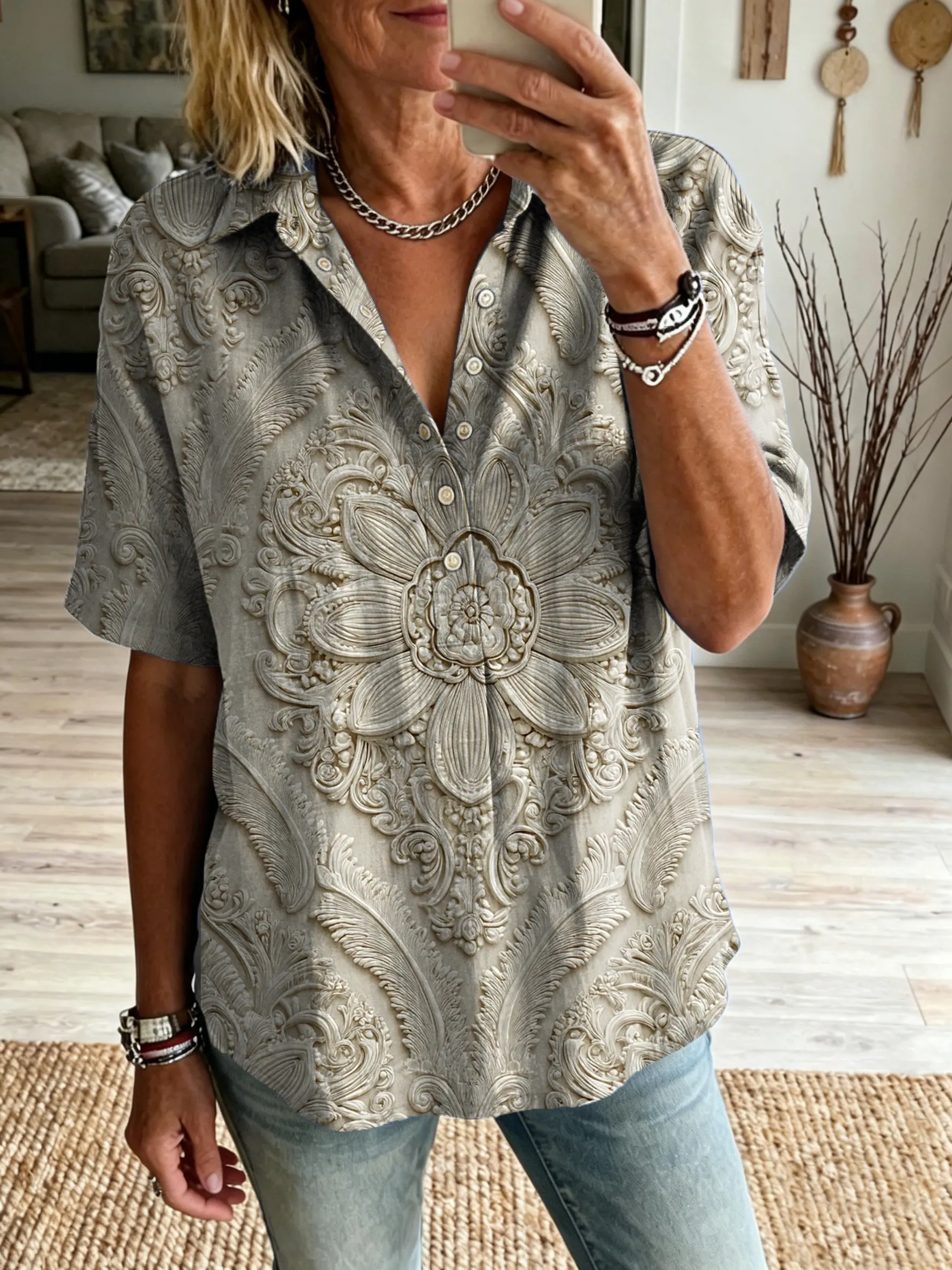 Women's Retro Textured Floral Art Print Short-Sleeve Henley Shirt with Lapel Collar