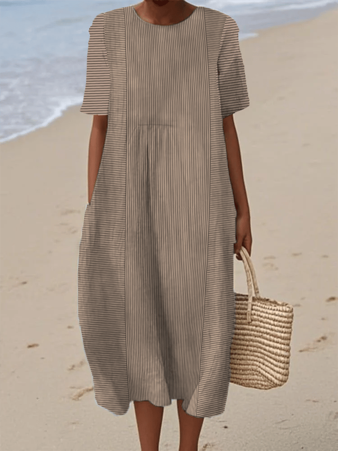 Women's Retro Striped Art Print Casual Round Neck Short Sleeve Dress