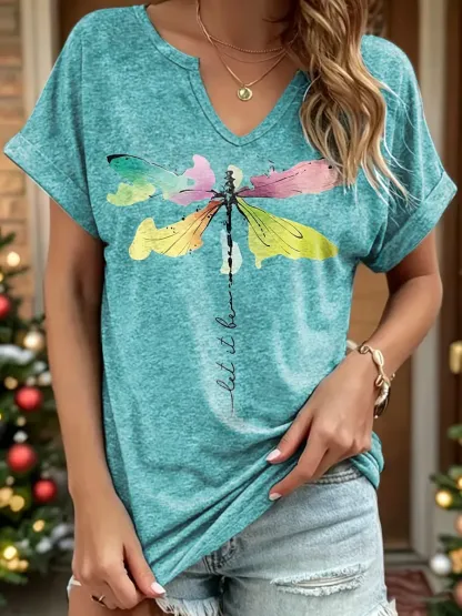 Women's Dragonfly Let It Be Print V-neck Cotton T-shirt