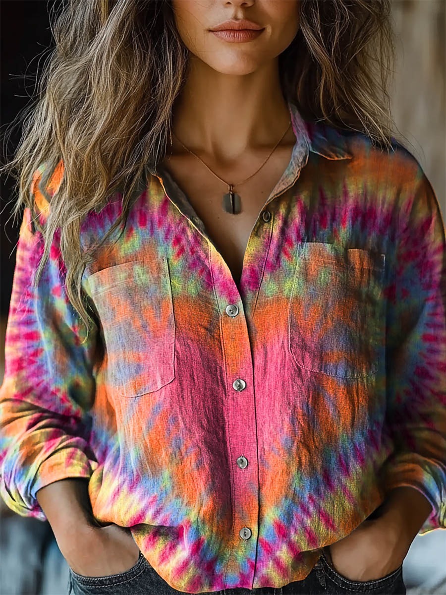 Women's Colorful Love Heart Tie Dye Art Print Casual V-neck Long Sleeve T-shirt