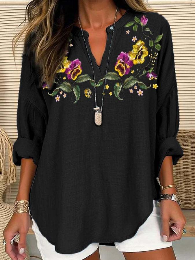 Women's Purple Floral Pansy Dementia Alzheimer's Disease Awareness Cotton and Linen Shirt