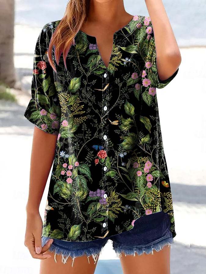 Women's Retro Casual Floral Cotton and Linen Shirt