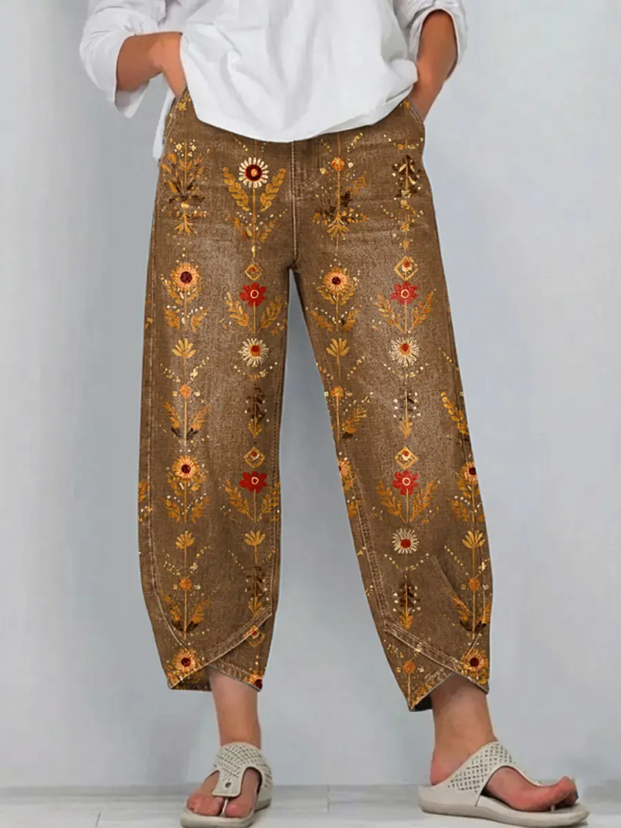 Women's Vintage Floral Art Print Jeans