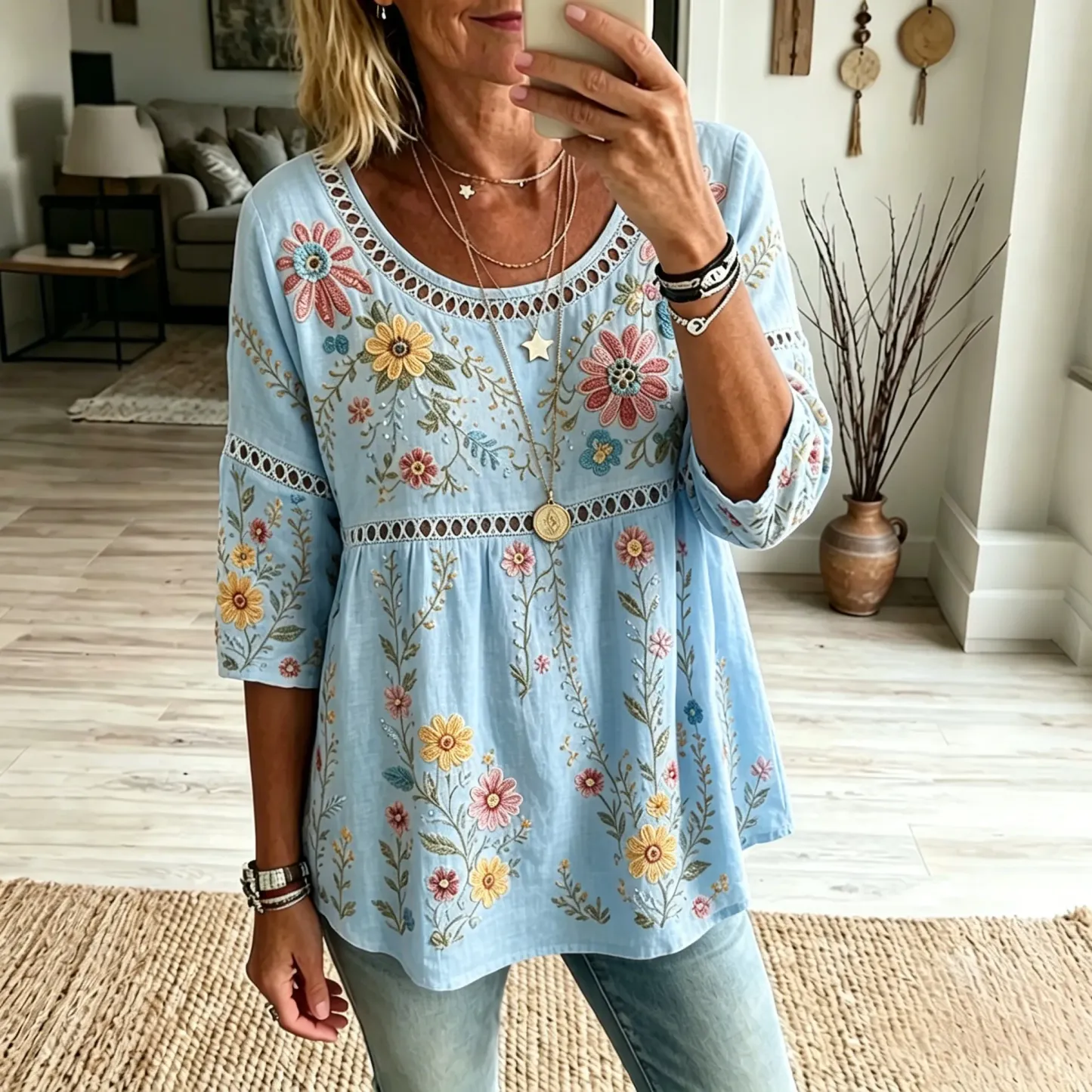 Women's Vintage Floral Art Print Flowy Linen Blend Linen Blend Three-quarter Sleeve Casual Tops