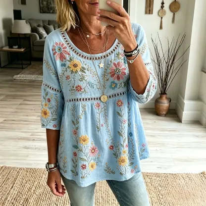 Women's Vintage Floral Art Print Flowy Linen Blend Linen Blend Three-quarter Sleeve Casual Tops