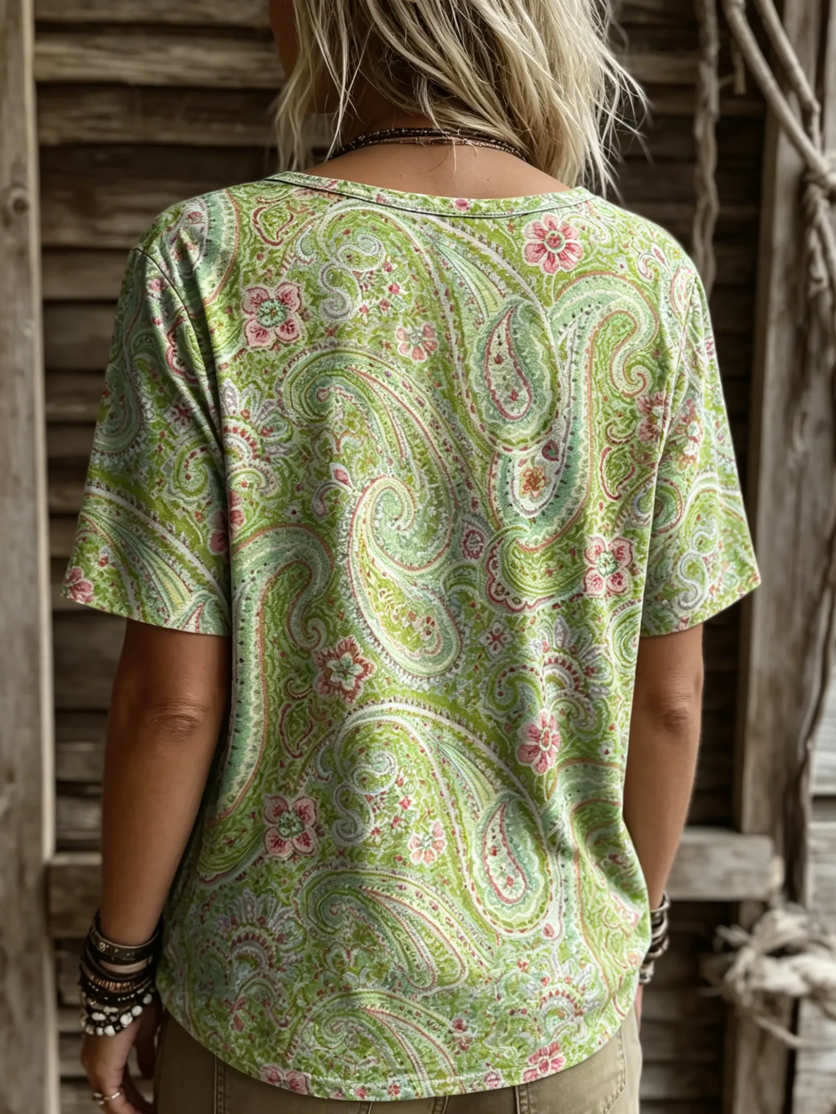 Women's Vintage Paisley Print Short Sleeve Casual T-Shirt