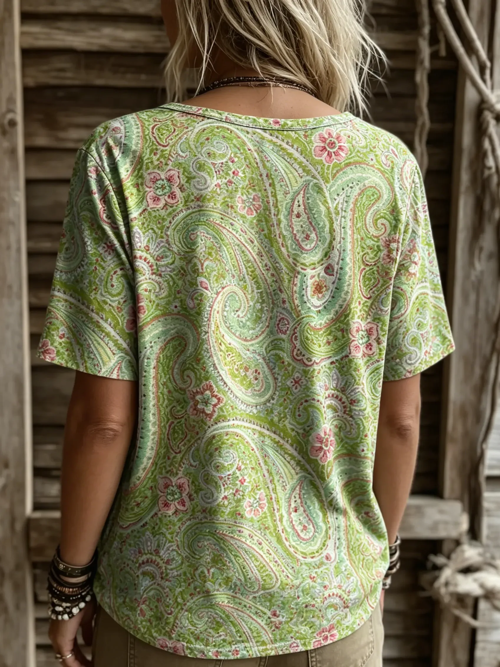 Women's Vintage Paisley Print Short Sleeve Casual T-Shirt