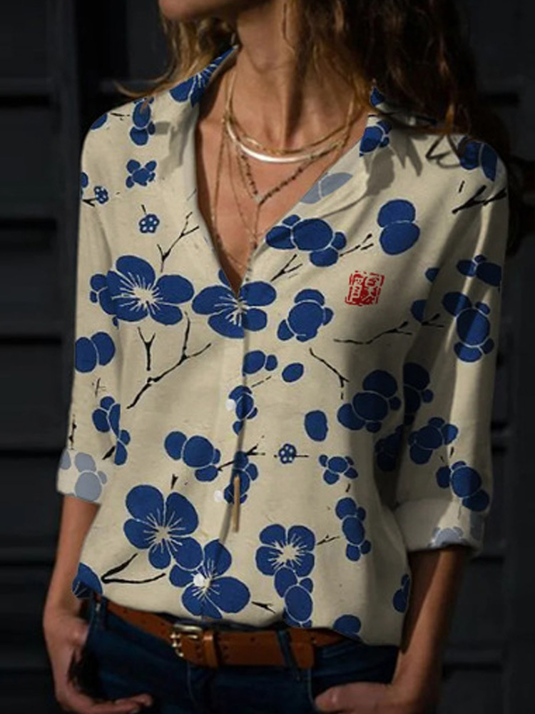 Blouses Floral Print Button Long Sleeve Blouse for Women