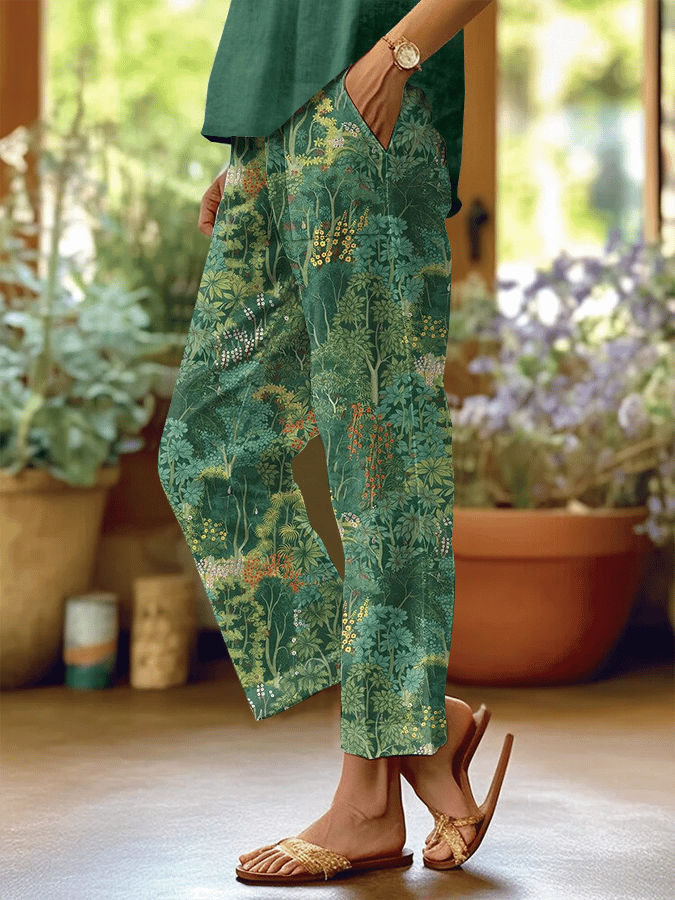Women's Forest Floral Print Casual Pants (With Pockets)