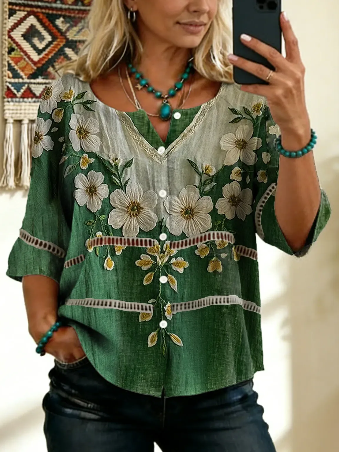 Women's Vintage Floral Art Print Tie-front Button-up Cotton-linen Blend Short-sleeve Shirt