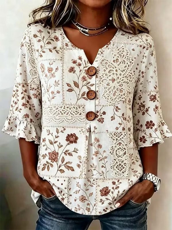 Women's Casual V-Neck Printed Cotton-Linen Top