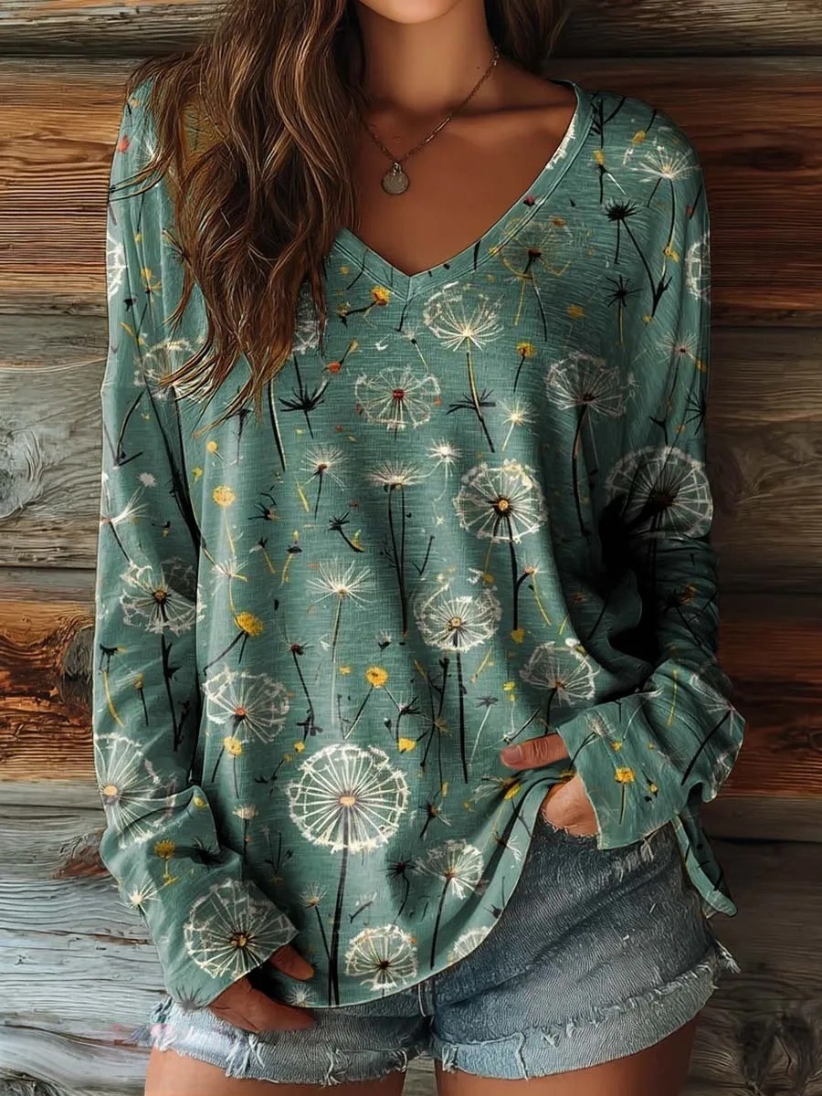 Women's Artistic Print Casual V-Neck Long Sleeve T-Shirt with Dandelio