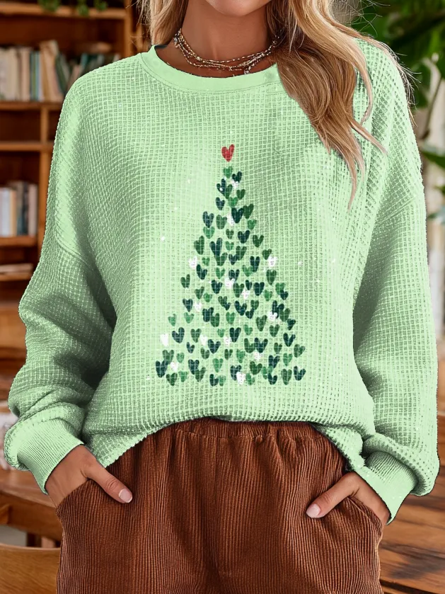 Women's Green Love Heart Christmas Tree Art Print Casual Round Neck Pu