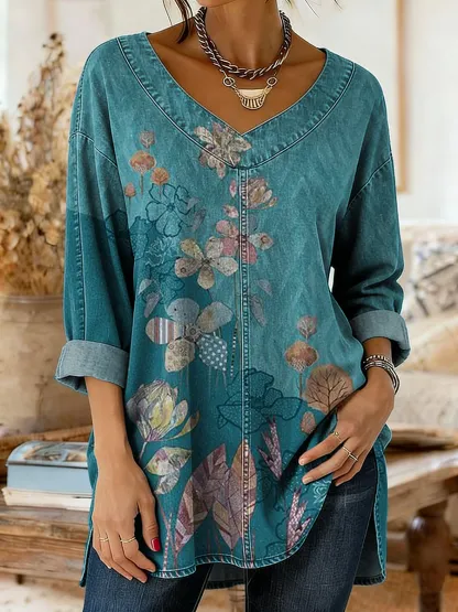 Women's Retro Ethnic Floral Color Block Art Print Casual V-Neck Denim Top