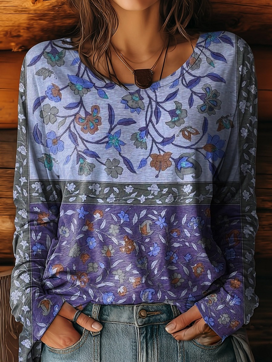 Women's Retro Floral Pattern Artistic Print Casual Round Neck Long Sleeve T-Shirt