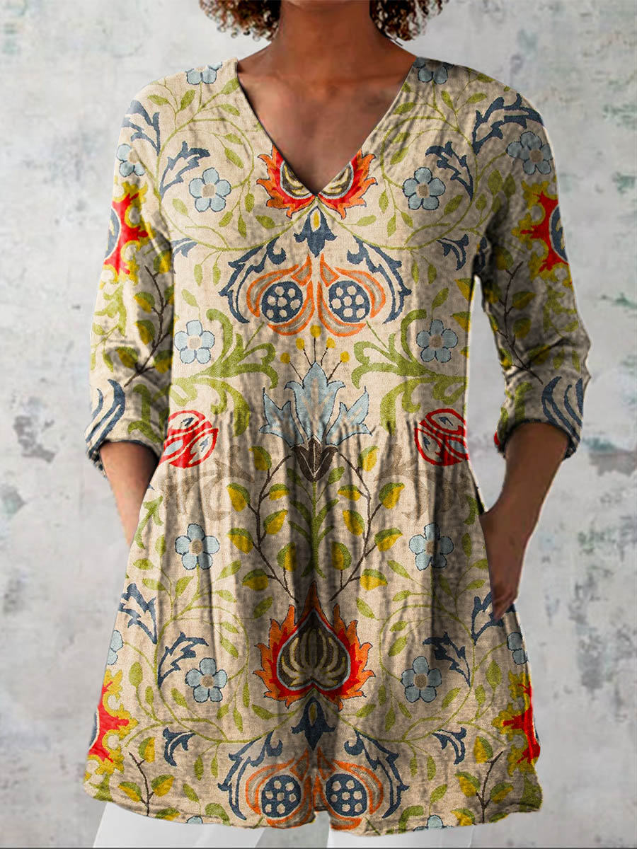 Women's Vintage Lovely Floral Pattern Art Print Casual Cotton Linen V-neck Shirt