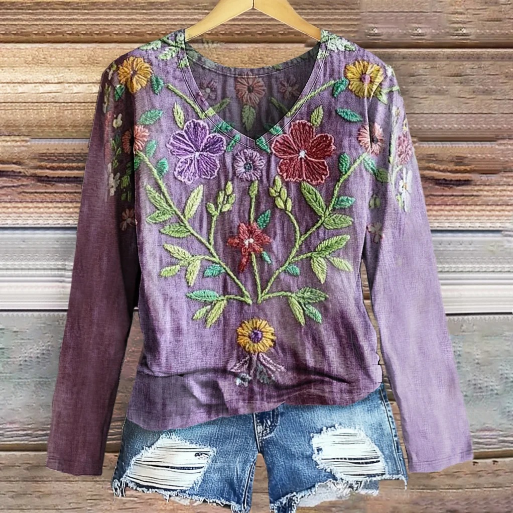Women's Vintage Ethnic Floral Art Print Casual Cotton Linen Shirt