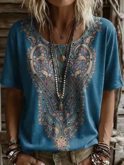 Women's Retro Ethnic Floral Print Round-neck Short-sleeve T-shirt