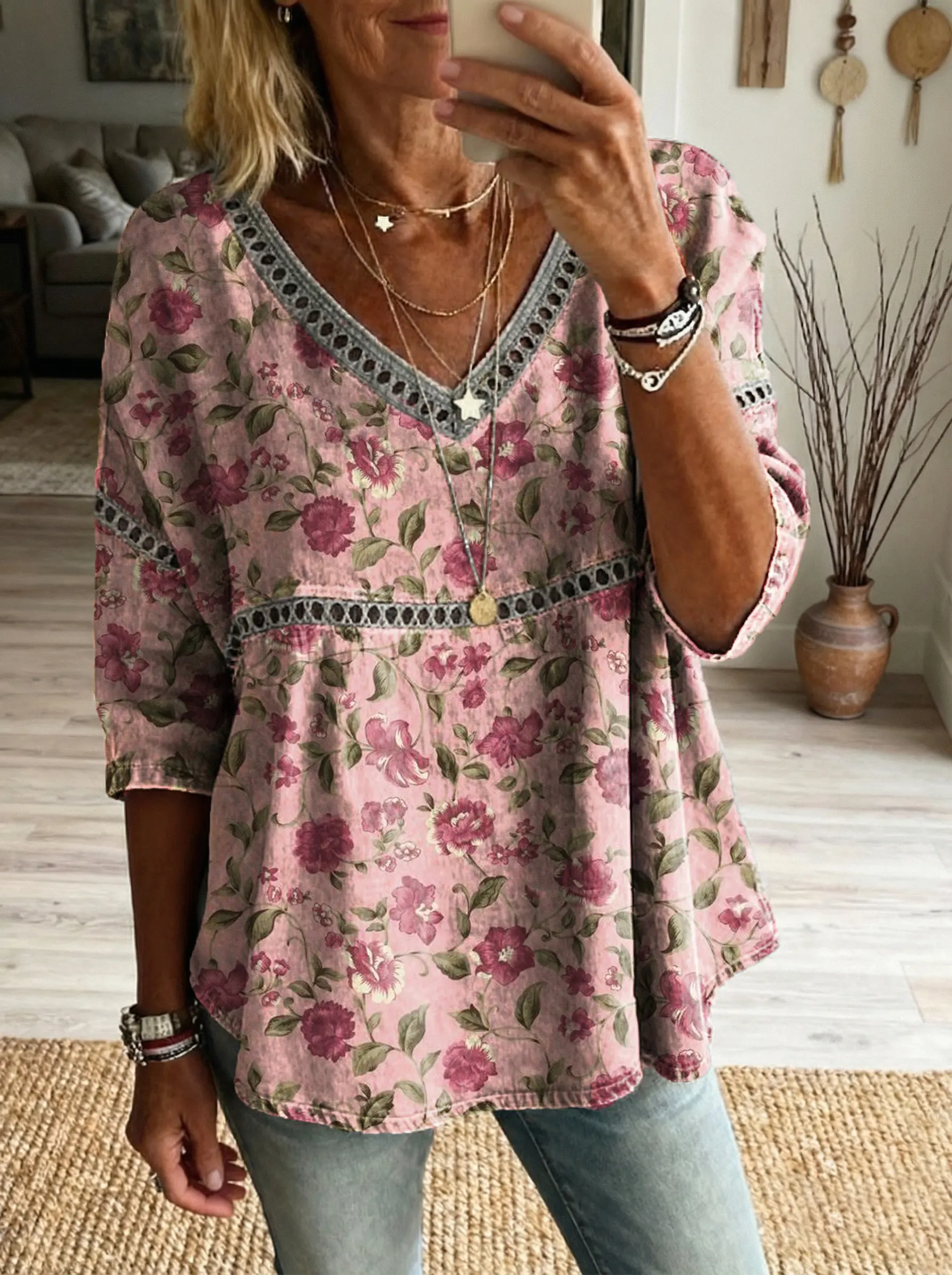 Women's Floral Pattern Art Print Casual V-neck Lace-up Top