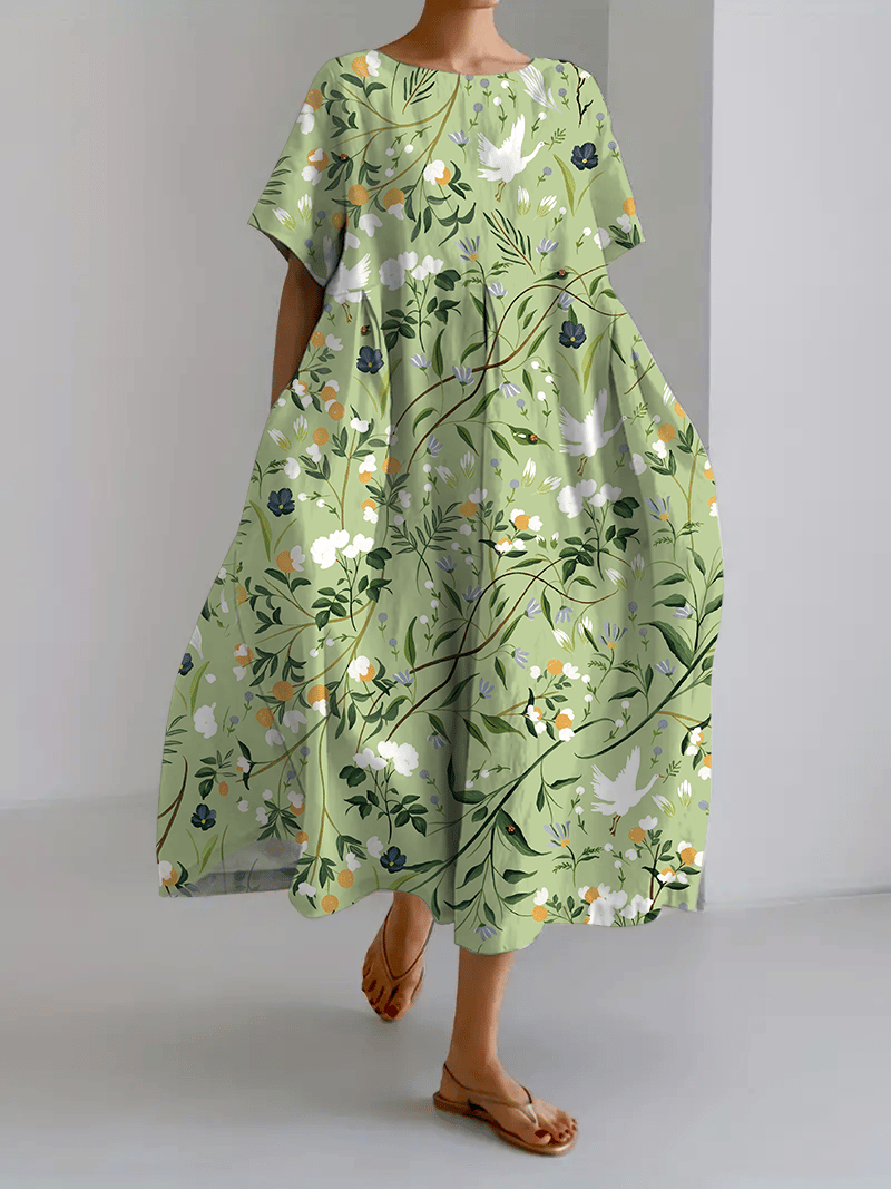 Women's Forest Floral Print Casual Loose Fit Dress (With Pockets)