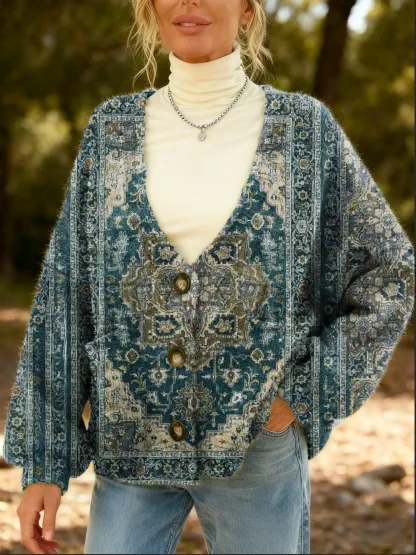 Women's Vintage Ethnic Pattern Art Print Cardigan With Pockets
