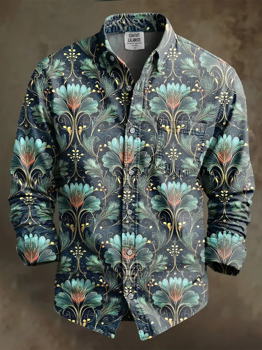 Retro Leisure Art Print 100% Cotton Long Sleeve Shirt