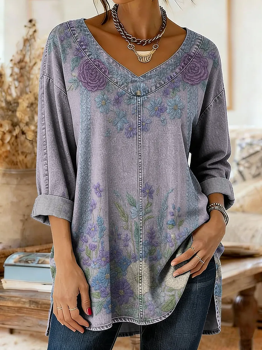 Retro Ethnic Floral Pattern Art Print Casual Washed Denim Cotton Top