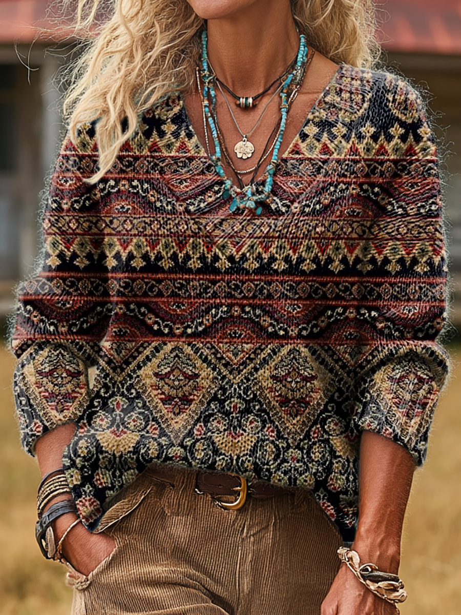 Unisex Vintage Ethnic Art Print Casual Long-sleeved V-neck Wool Blend Knitted Sweater