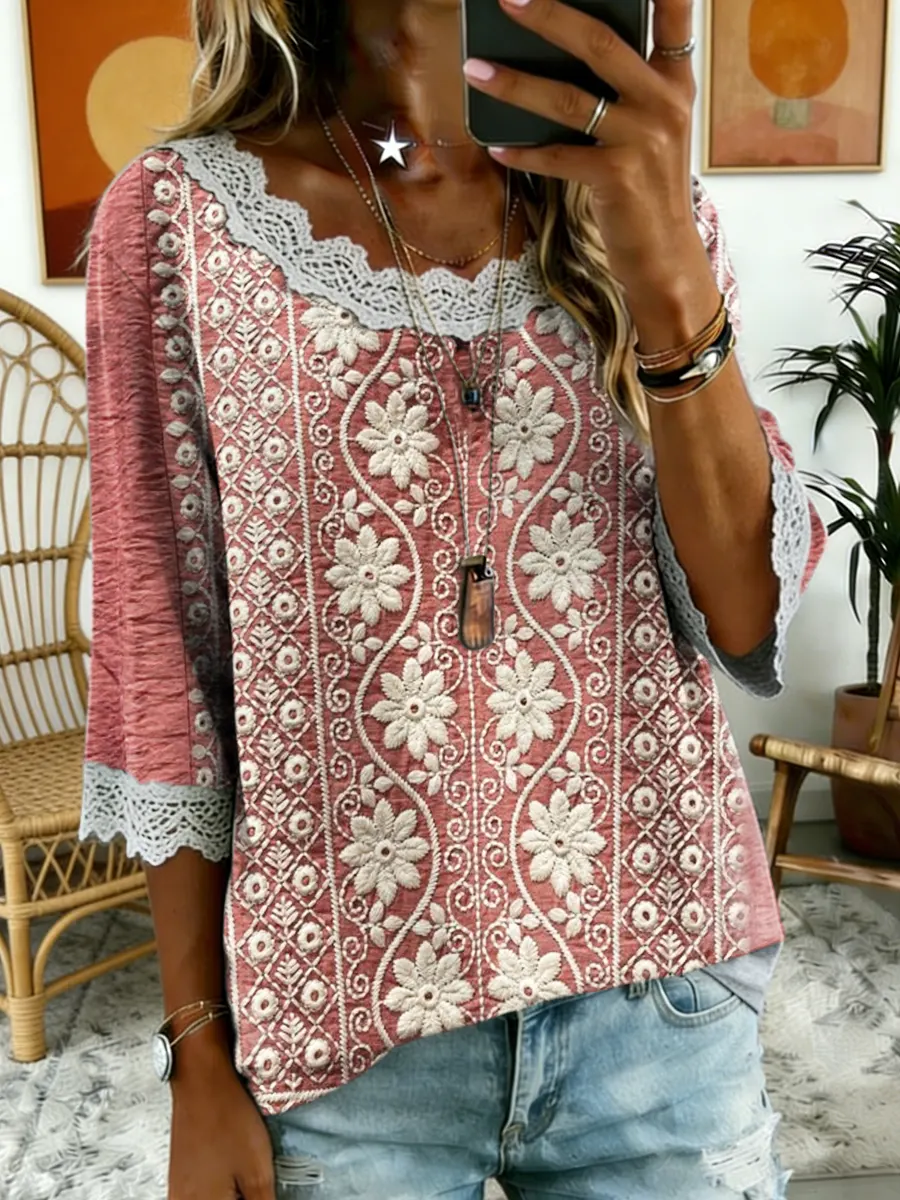 Women's Floral Art Print Lace Trim Comfortable Cotton Top
