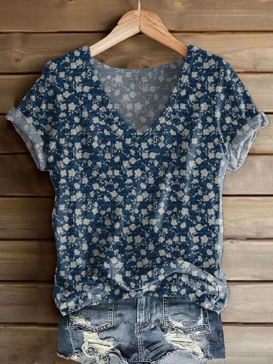 Women's Vintage Floral Art Print Casual Cotton And Linen Shirt