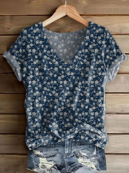Women's Vintage Floral Art Print Casual Cotton And Linen Shirt