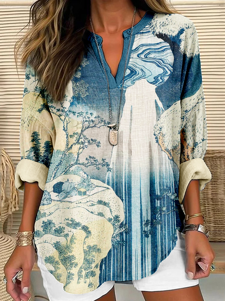 Japanese Art Pattern Linen Blend Cozy Tunic