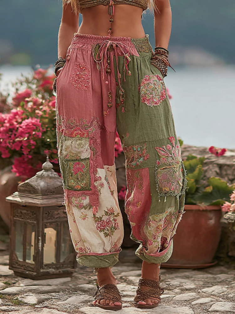 Women's Vintage Floral Embroidery Art Contrast Color Linen Blend Casual Pants