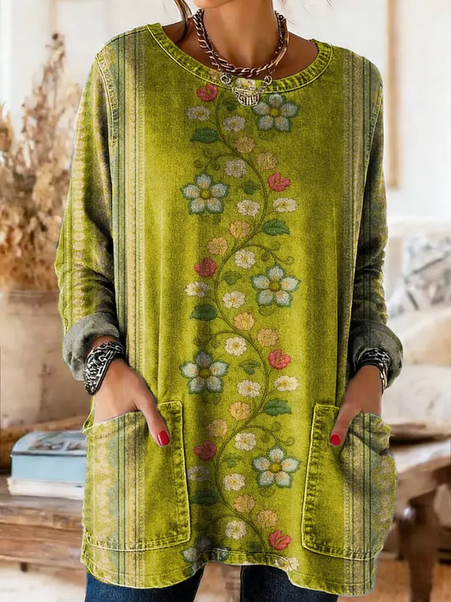 Retro Style Floral Art Print Casual Washed Denim Cotton Top