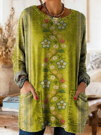 Retro Style Floral Art Print Casual Washed Denim Cotton Top