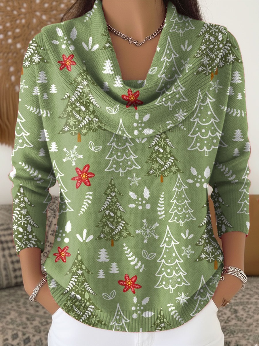 Women's Christmas Tree Pattern Art Print Buttoned Cardigan Sweater